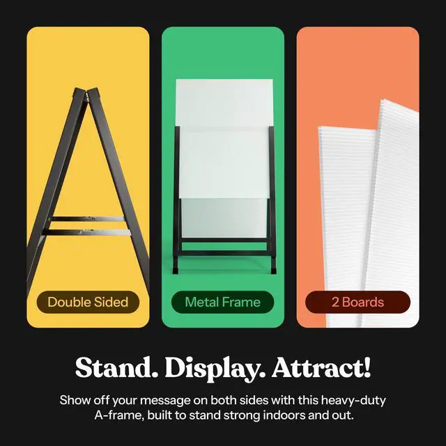 Alt view image 2 of 7 - Outdoor A-Frame Sidewalk Sign 22x28 Inch Sandwich Board, Black Coated Steel Metal Double-Sided, Heavy Duty Slide-in Folding Frame Sign Holder, 2 Corrugated Plastic Poster Boards, Display Stand