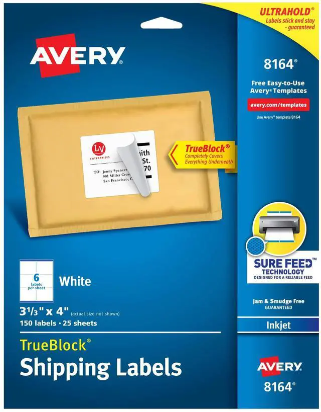 Main image of Shipping Labels with TrueBlock Technology for Inkjet Printers, 3-1/3" x 4", 150 Labels per Pack, Case Pack of 5 (8164)