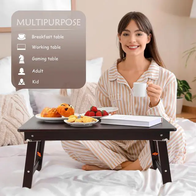 Alt view image 2 of 7 - Foldable Laptop Desk, 25.6 Inch Laptop Bed Tray Table with Mouse Pad, Adjustable Floor Table for Writing Eating Gaming, Lap Table for Adults, Kids, Black Walnut