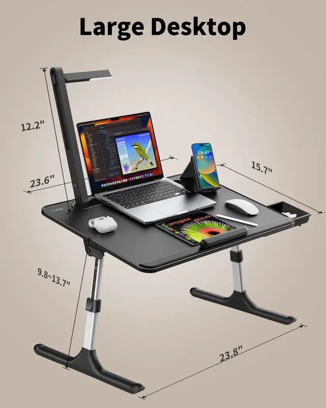 Alt view image 6 of 7 - Laptop Table with LED Desk Light, Laptop Stand for Bed, Height Adjustments Bed Desk with Book Stand for Reading Writing Drawing (Black)