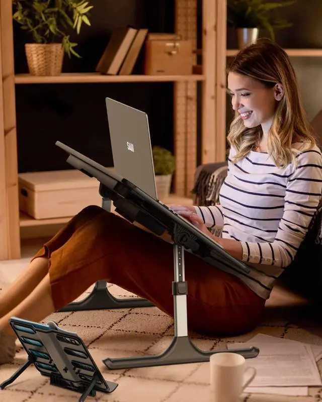 Alt view image 7 of 7 - Laptop Table with LED Desk Light, Laptop Stand for Bed, Height Adjustments Bed Desk with Book Stand for Reading Writing Drawing (Black)