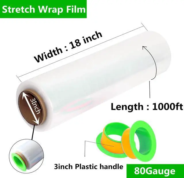 Alt view image 2 of 5 - 4-Pack Clear Stretch Wrap 18" x 1000 Feet 80 Gauge Industrial Strength with Plastic Handle, Plastic Pallet Supplies Durable Self-Adhering for Packing, Moving, Heavy Duty Shrink Film Rolls