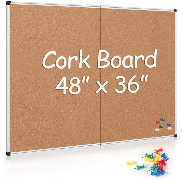 Main image of Cork Board Bulletin Board 36 x 48, Silver Aluminium Framed 4x3 Corkboard, Foldable Office Board for Wall, Large Wall Mounted Notice Pin Board with 36 Push Pins for School, Home & Office