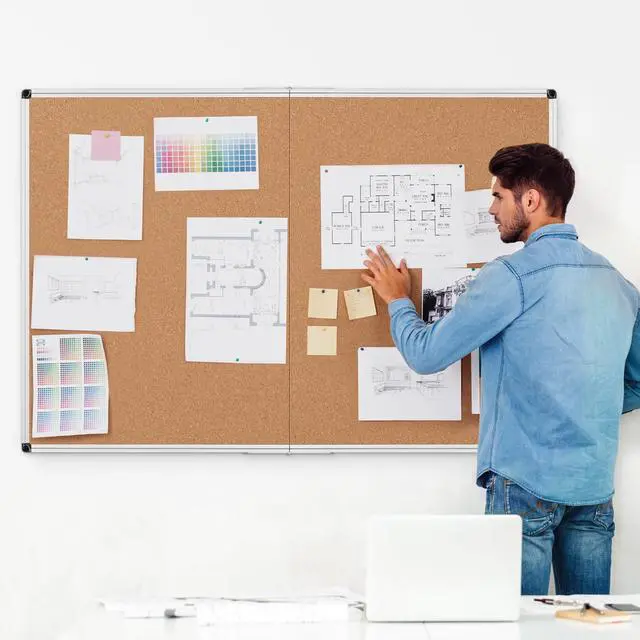 Alt view image 2 of 7 - Cork Board Bulletin Board 36 x 48, Silver Aluminium Framed 4x3 Corkboard, Foldable Office Board for Wall, Large Wall Mounted Notice Pin Board with 36 Push Pins for School, Home & Office