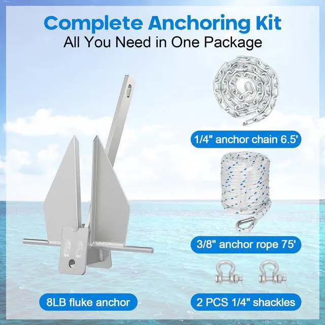 Alt view image 3 of 7 - Galvanized Fluke Anchor Kit Includes Anchor Chain, Rope and Shackles, for Pontoons, Dinghies, Fishing Boats, Bass Boats, Sport Boats, Sport Yachts, 5/8/10/13 lb Boat Anchor Kit
