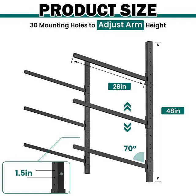 Alt view image 2 of 6 - Wall Mounted Kayak Storage Rack, Adjustable Kayak Holder, Heavy Duty Canoe Rack, Indoor & Outdoor Use