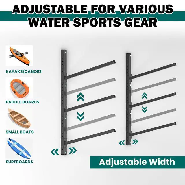 Alt view image 4 of 6 - Wall Mounted Kayak Storage Rack, Adjustable Kayak Holder, Heavy Duty Canoe Rack, Indoor & Outdoor Use