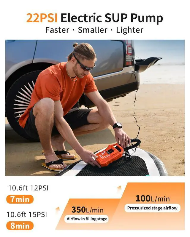 Alt view image 2 of 7 - Paddle Board Pump Electric Portable, 22PSI SUP Pump for Inflatebles | With 12V Car Connector, Inflator&Deflator for Paddleboard,Bed,Boat with Auto-Off Dual Stage Inflation and Kayak Accessories