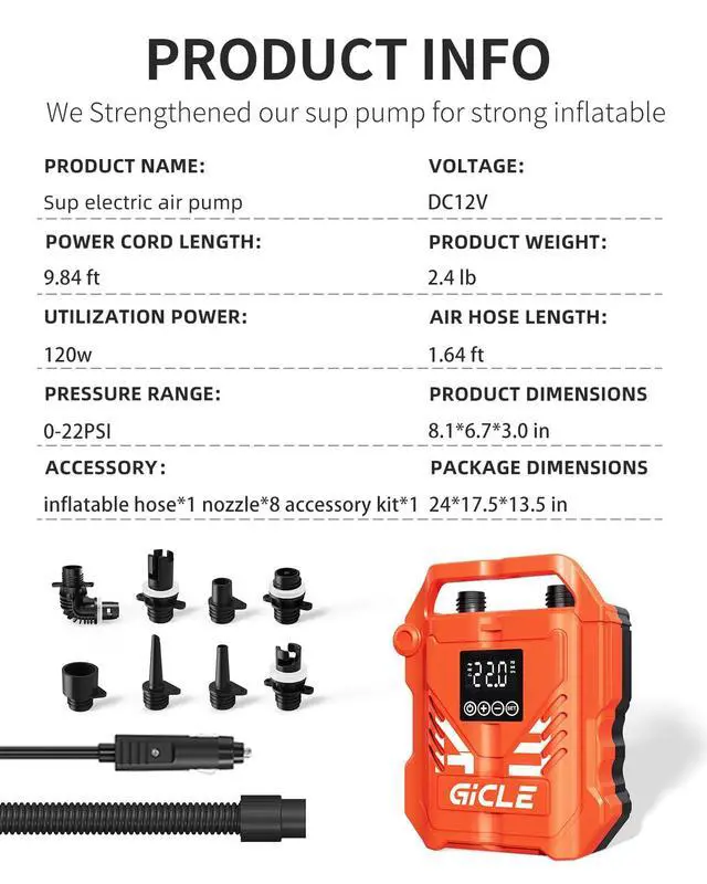 Alt view image 6 of 7 - Paddle Board Pump Electric Portable, 22PSI SUP Pump for Inflatebles | With 12V Car Connector, Inflator&Deflator for Paddleboard,Bed,Boat with Auto-Off Dual Stage Inflation and Kayak Accessories