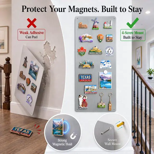 Alt view image 5 of 7 - Travel Magnetic Display Board: Non-Magnetic Fridge Wall Solution | 27.6" x 11.8" Brushed Silver Metal Panel for Souvenir Magnets & Photos - Modern Kitchen Decor for Stainless Steel Appliances