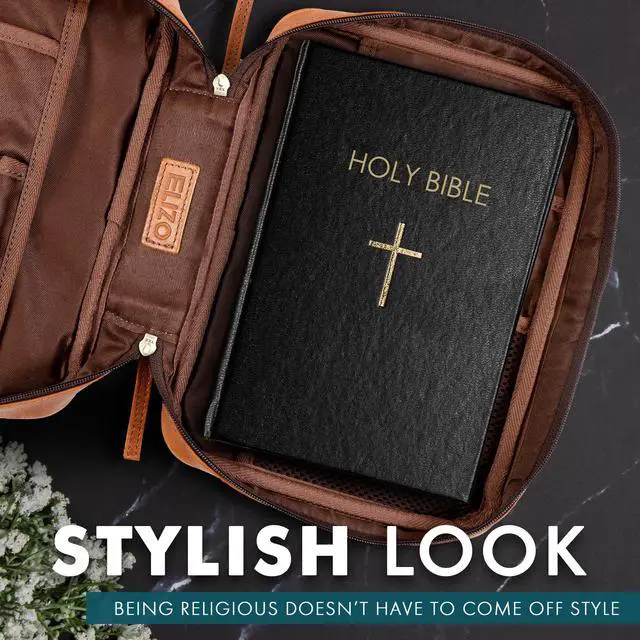 Alt view image 2 of 7 - Leather Bible Cover for Men Bible Case for Women Zippered Holder Protector Cross Church Tote Bag Carrying Organizer Sleeve Gift Study Tan