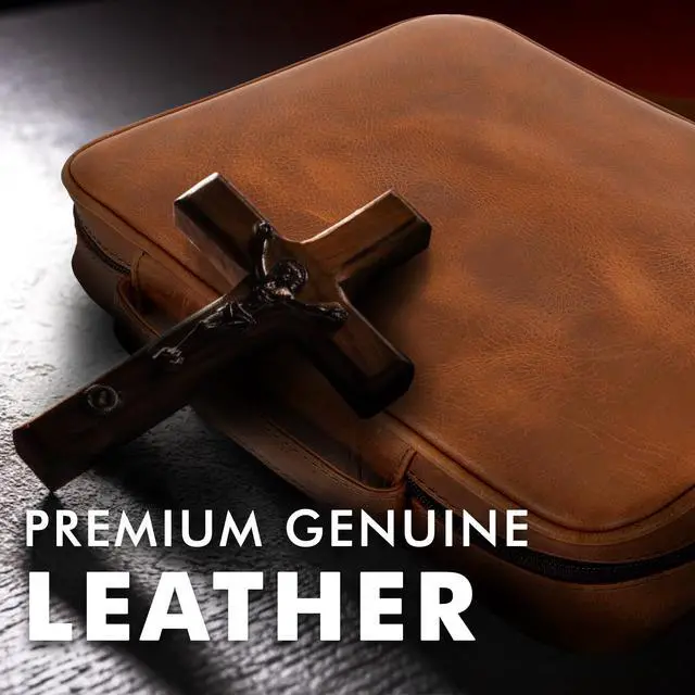 Alt view image 3 of 7 - Leather Bible Cover for Men Bible Case for Women Zippered Holder Protector Cross Church Tote Bag Carrying Organizer Sleeve Gift Study Tan