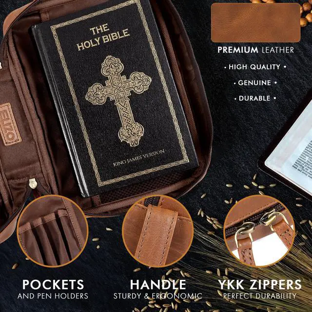 Alt view image 6 of 7 - Leather Bible Cover for Men Bible Case for Women Zippered Holder Protector Cross Church Tote Bag Carrying Organizer Sleeve Gift Study Tan