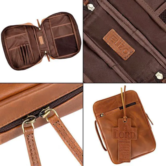 Alt view image 7 of 7 - Leather Bible Cover for Men Bible Case for Women Zippered Holder Protector Cross Church Tote Bag Carrying Organizer Sleeve Gift Study Tan