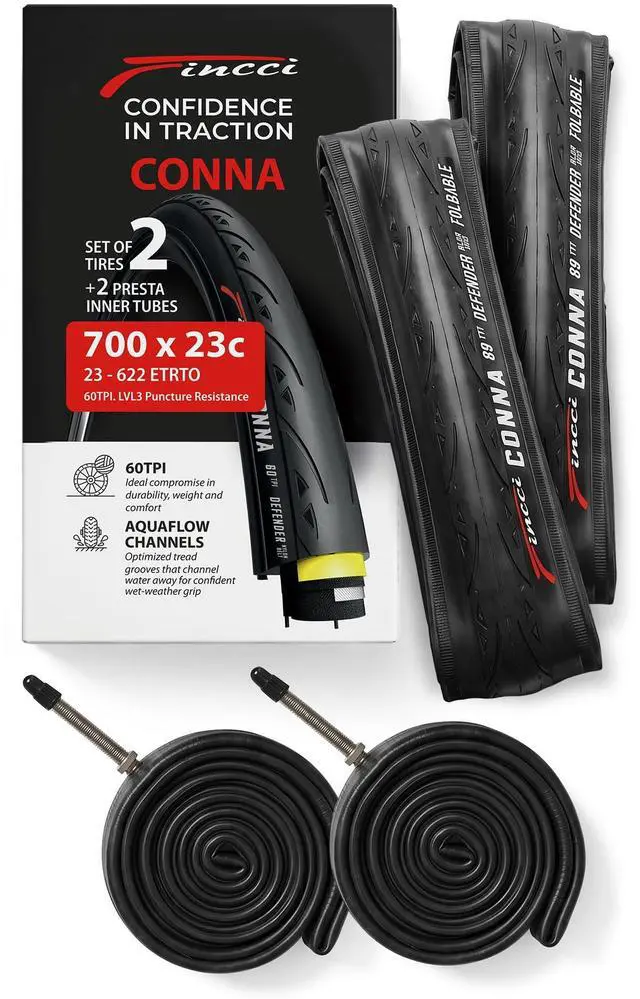 Main image of Set 700x23c Tires Road Bike with 2X Bicycle Inner Tubes 700c - Racing 23-622 1mm Puncture Proof Bike Tires & 60mm Presta Tube - 700c Bike Tire for Folding, Touring, Gravel, E Bikes, Bicycle