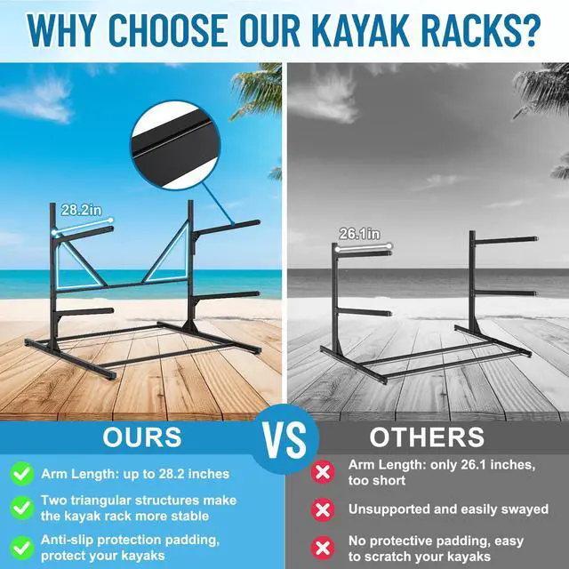 Alt view image 2 of 6 - Kayak Storage Rack, Heavy Duty Freestanding Kayak Rack for Garage and Outdoor Storage, Kayak Stand Adjustable for Kayak, Canoe, Surfboard and Paddle Board, 2-Layer