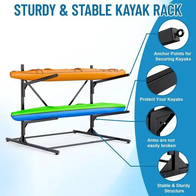 Alt view image 3 of 6 - Kayak Storage Rack, Heavy Duty Freestanding Kayak Rack for Garage and Outdoor Storage, Kayak Stand Adjustable for Kayak, Canoe, Surfboard and Paddle Board, 2-Layer