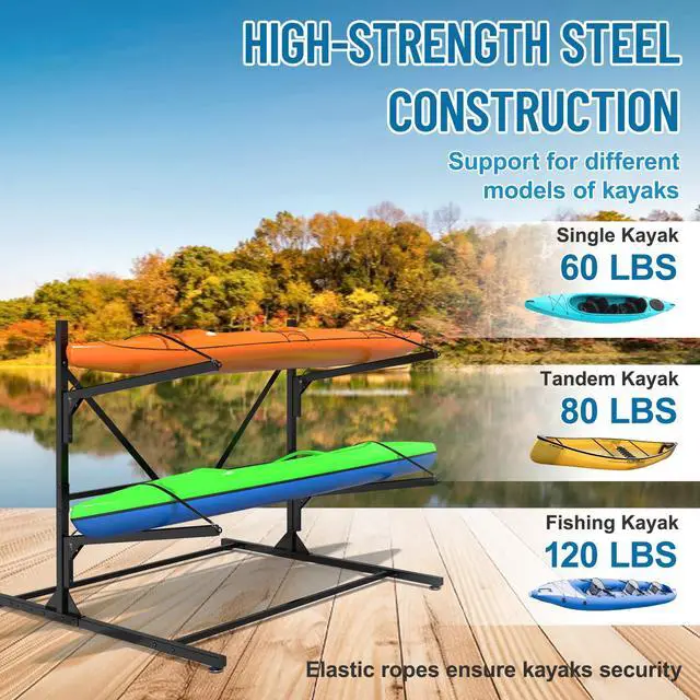Alt view image 4 of 6 - Kayak Storage Rack, Heavy Duty Freestanding Kayak Rack for Garage and Outdoor Storage, Kayak Stand Adjustable for Kayak, Canoe, Surfboard and Paddle Board, 2-Layer