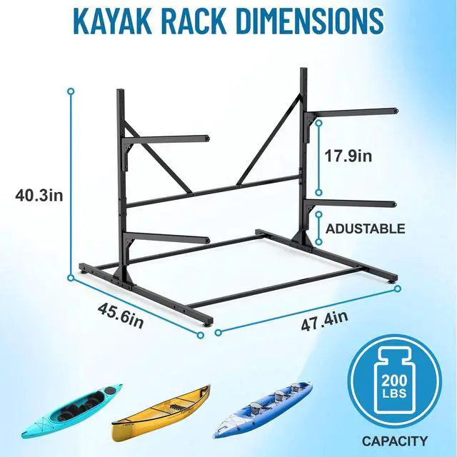Alt view image 6 of 6 - Kayak Storage Rack, Heavy Duty Freestanding Kayak Rack for Garage and Outdoor Storage, Kayak Stand Adjustable for Kayak, Canoe, Surfboard and Paddle Board, 2-Layer