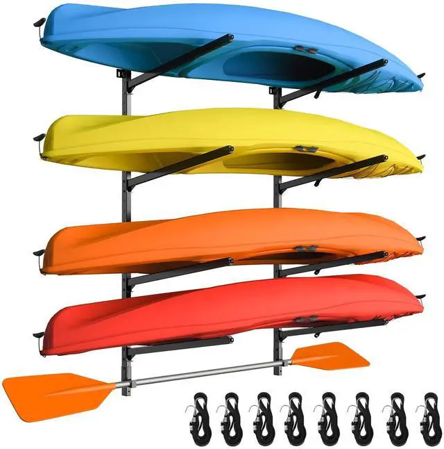 Main image of Kayak Storage Rack Wall Mount, Heavy Duty Kayak Wall Mount for Garage and Outdoor Storage, Kayak Wall Rack Adjustable for Kayak, Canoe, Surfboard and Paddle Board, 4 Tier