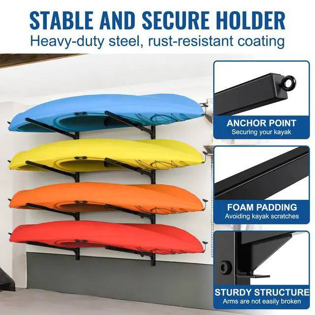 Alt view image 4 of 7 - Kayak Storage Rack Wall Mount, Heavy Duty Kayak Wall Mount for Garage and Outdoor Storage, Kayak Wall Rack Adjustable for Kayak, Canoe, Surfboard and Paddle Board, 4 Tier