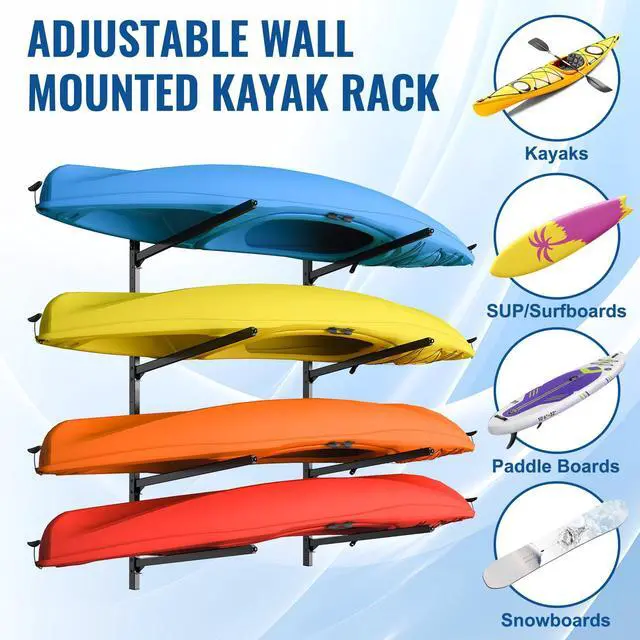 Alt view image 6 of 7 - Kayak Storage Rack Wall Mount, Heavy Duty Kayak Wall Mount for Garage and Outdoor Storage, Kayak Wall Rack Adjustable for Kayak, Canoe, Surfboard and Paddle Board, 4 Tier