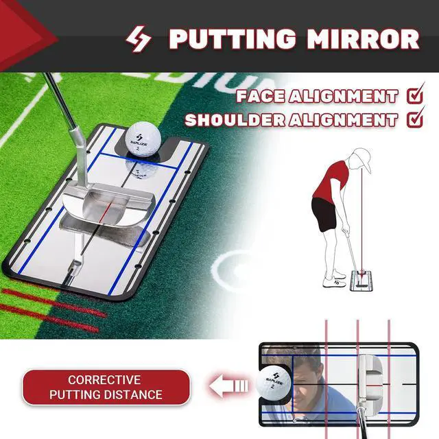 Alt view image 3 of 6 - Golf Putting Mat with Alignment Mirror, Two-Speed Golf Practice Mat, 20 in x 10 ft Indoor Outdoor Putting Green with Anti-Slip Backing
