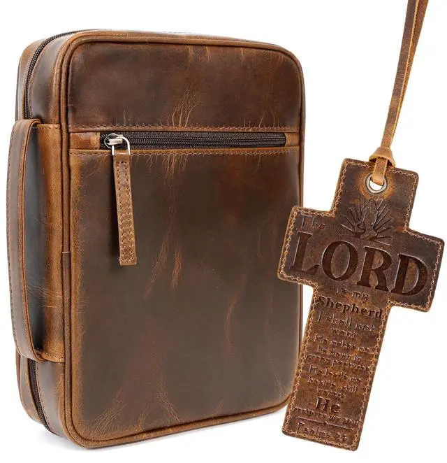Main image of Leather Bible Cover for Men Bible Case for Women Zippered Holder Protector Cross Church Tote Bag Carrying Organizer Sleeve Gift Study Antique