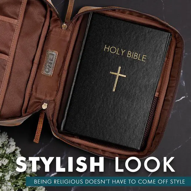 Alt view image 2 of 7 - Leather Bible Cover for Men Bible Case for Women Zippered Holder Protector Cross Church Tote Bag Carrying Organizer Sleeve Gift Study Antique