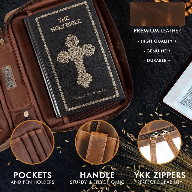 Alt view image 6 of 7 - Leather Bible Cover for Men Bible Case for Women Zippered Holder Protector Cross Church Tote Bag Carrying Organizer Sleeve Gift Study Antique