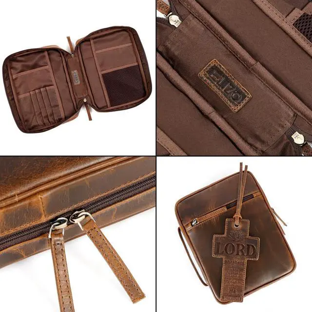 Alt view image 7 of 7 - Leather Bible Cover for Men Bible Case for Women Zippered Holder Protector Cross Church Tote Bag Carrying Organizer Sleeve Gift Study Antique