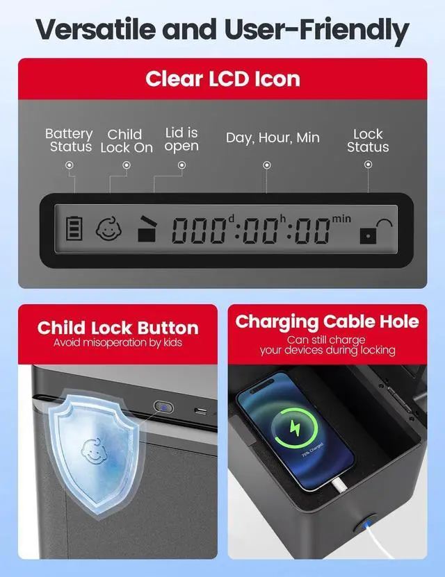Alt view image 6 of 7 - Metal Timed Lock Box, Phone Lockbox with Timer, Time Locking Safe, Self-Control Container with USB C Charge,Child Lock, Audio Prompt, Time Release Storage Locker for Phone/iPad Mini/Medicine