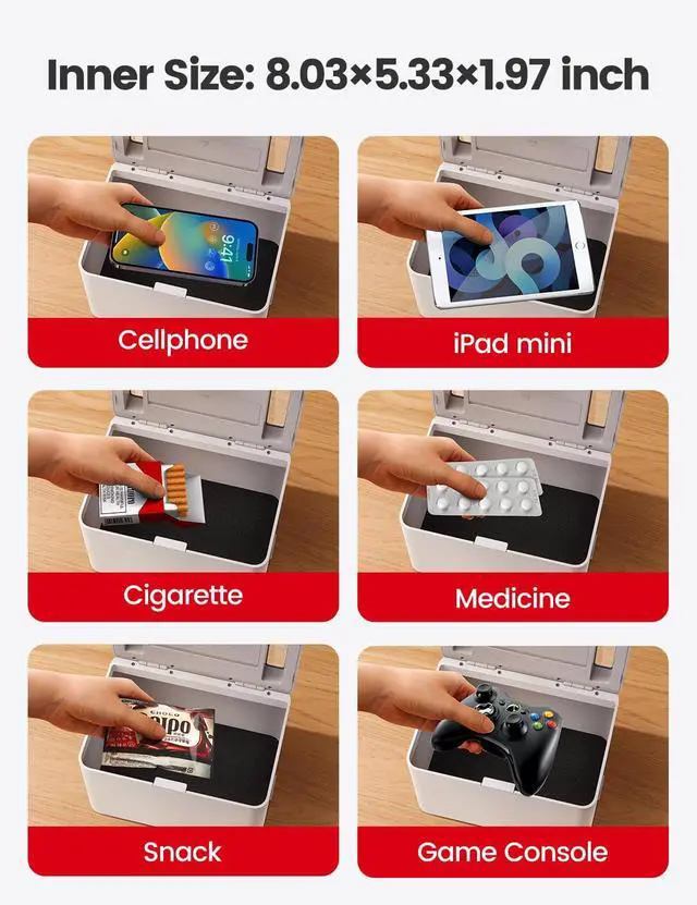 Alt view image 7 of 7 - Metal Timed Lock Box, Made of Aluminum Alloy, 365 Days Locking Time, Extendable Time, Audio Alert, Child-Access Control, 2-Way Power Supply, Timed Locker for Phones/Alcohol/Snacks/meds etc