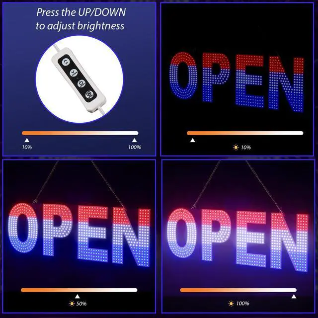 Alt view image 2 of 6 - LED Open Signs for Business, 30"x10" Dimmable Brightness Large Electric Light Up Sign, Hanging Installation for Store Restaurant Office Bar Hotel Salon (Red&White&Blue)