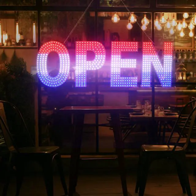 Alt view image 6 of 6 - LED Open Signs for Business, 30"x10" Dimmable Brightness Large Electric Light Up Sign, Hanging Installation for Store Restaurant Office Bar Hotel Salon (Red&White&Blue)
