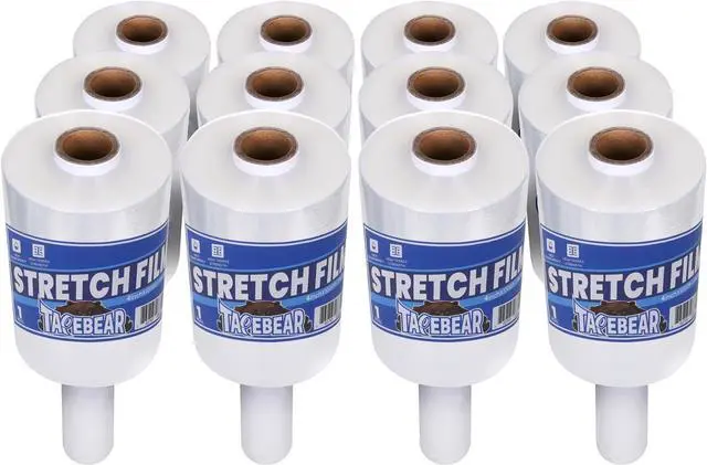 Main image of 12Rolls Stretch Wrap Film 4" x 1000Ft Shrink Wrap Roll with Handle, 60 Gauge Thick Durable Self-Adhering Clear Plastic Wrap Industrial Strength Pallet Shrink for Moving, Packing