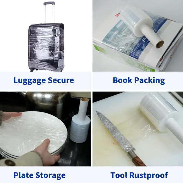 Alt view image 3 of 7 - 12Rolls Stretch Wrap Film 4" x 1000Ft Shrink Wrap Roll with Handle, 60 Gauge Thick Durable Self-Adhering Clear Plastic Wrap Industrial Strength Pallet Shrink for Moving, Packing