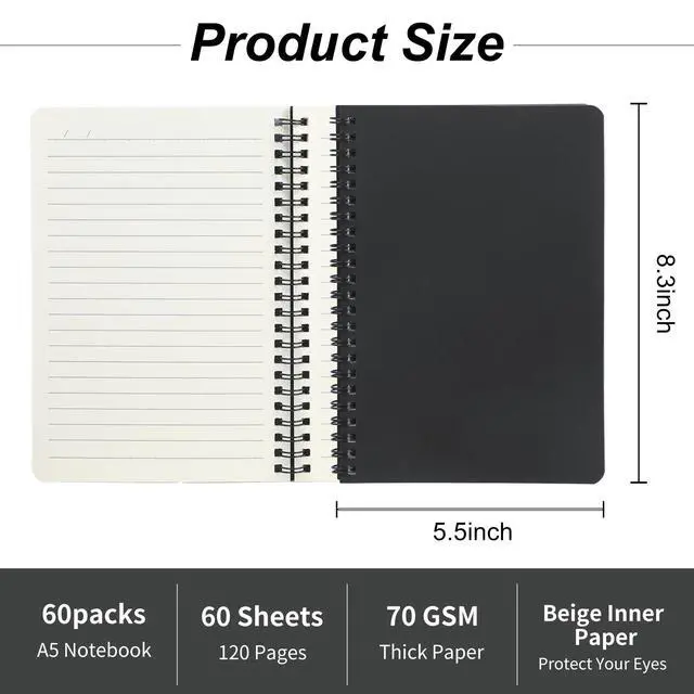 Alt view image 2 of 7 - 60 Packs A5 Spiral Notebooks, Black Ruled Notebooks Bulk, 8.0"×5.6", 60 Sheets/120 Pages, Hardcover Lined Journal Notepad Travel Notebooks for Office and Back to School Supplies