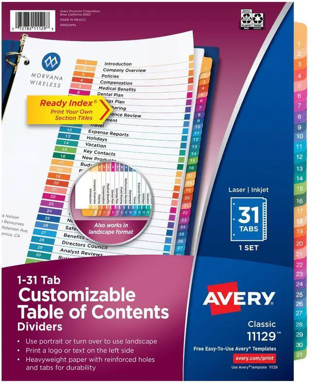 Main image of 1-31 Dividers for 3 Ring Binders, 31 Tabs per Set, Customizable Table of Contents, Multicolor Tabs, Great for Organizing Reports, Projects, and More (12 Sets of 11129)