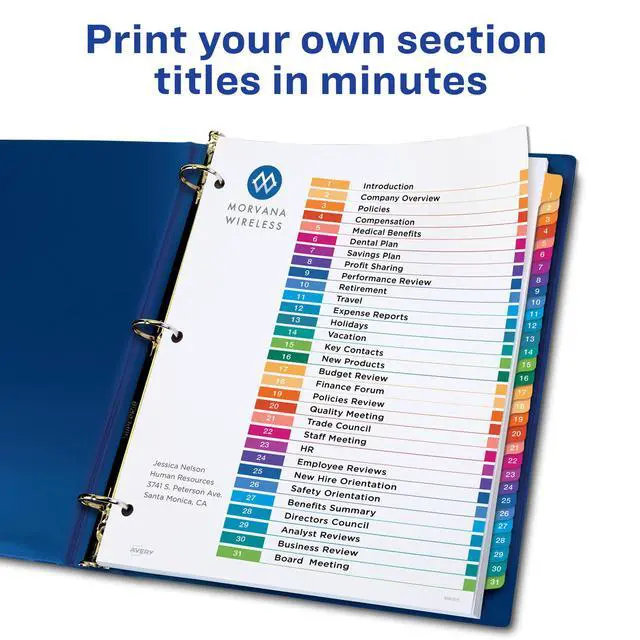Alt view image 2 of 7 - 1-31 Dividers for 3 Ring Binders, 31 Tabs per Set, Customizable Table of Contents, Multicolor Tabs, Great for Organizing Reports, Projects, and More (12 Sets of 11129)