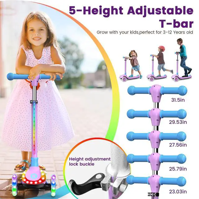 Alt view image 3 of 7 - 2-in-1 Adjustable Kick Scooter for Kids 3-5 (Suitable 3-12 Years),5-Level Handlebar & Removable Seat, LED Light-Up Wheels, Wide Deck, Foldable Design for Indoor/Outdoor Use - Girls & Boys