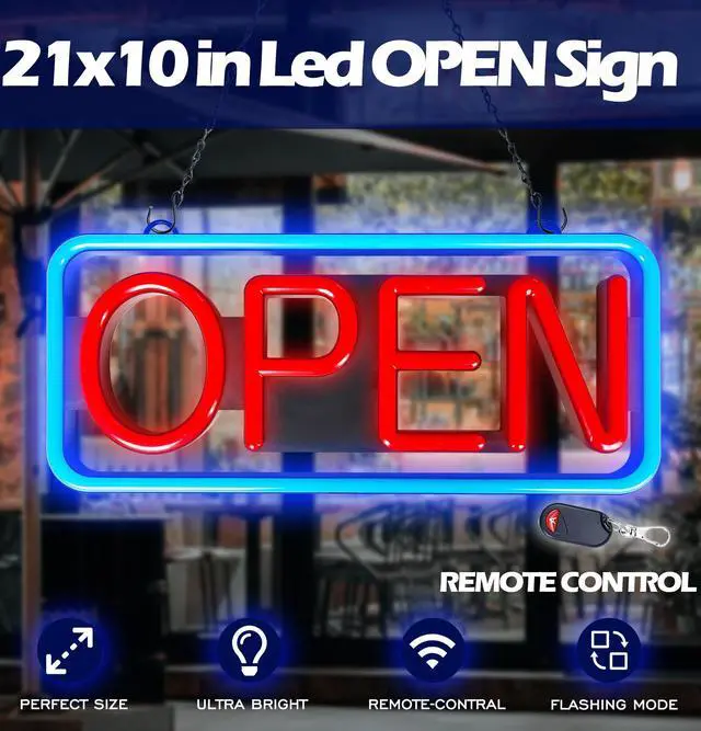 Alt view image 2 of 7 - LED Open Sign,Bright Open Sign for Business Window with Remote Control,21x10 inch Large Size,Restaurant,Bar,Retail Shops,Window Storefronts,Salon,12V/2A Power Supply (Rectangle)