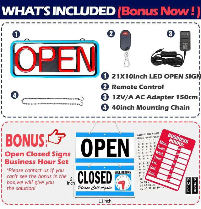 Alt view image 3 of 7 - LED Open Sign,Bright Open Sign for Business Window with Remote Control,21x10 inch Large Size,Restaurant,Bar,Retail Shops,Window Storefronts,Salon,12V/2A Power Supply (Rectangle)