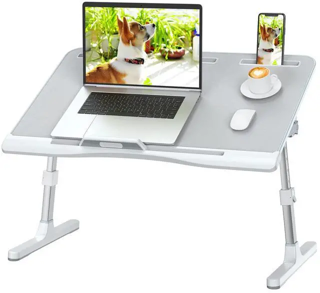 Main image of Laptop Bed Tray Desk with Adjustable Height & Angle, No Drawer, Grey | Foldable PVC Leather Desktop Laptop Lap Desk for Bed/Sofa/Couch/Floor