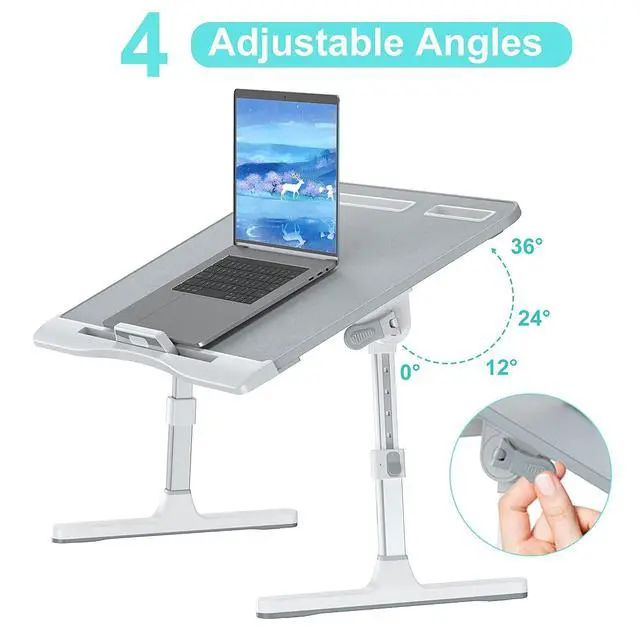 Alt view image 2 of 7 - Laptop Bed Tray Desk with Adjustable Height & Angle, No Drawer, Grey | Foldable PVC Leather Desktop Laptop Lap Desk for Bed/Sofa/Couch/Floor