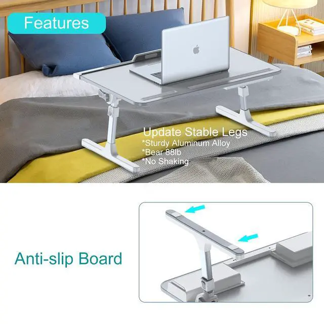 Alt view image 7 of 7 - Laptop Bed Tray Desk with Adjustable Height & Angle, No Drawer, Grey | Foldable PVC Leather Desktop Laptop Lap Desk for Bed/Sofa/Couch/Floor