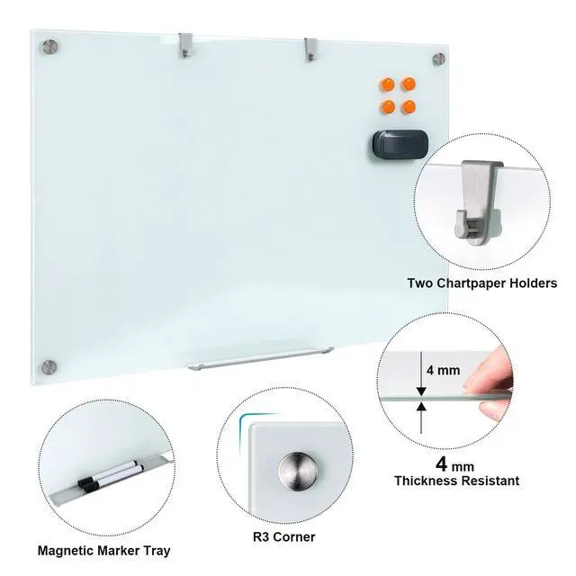Alt view image 2 of 7 - Glass Dry Erase Board, 36 x 24 Inches Magnetic Glass Whiteboard | Wall Mount, 3' x 2' Frameless Glass Board for Office, Home, School