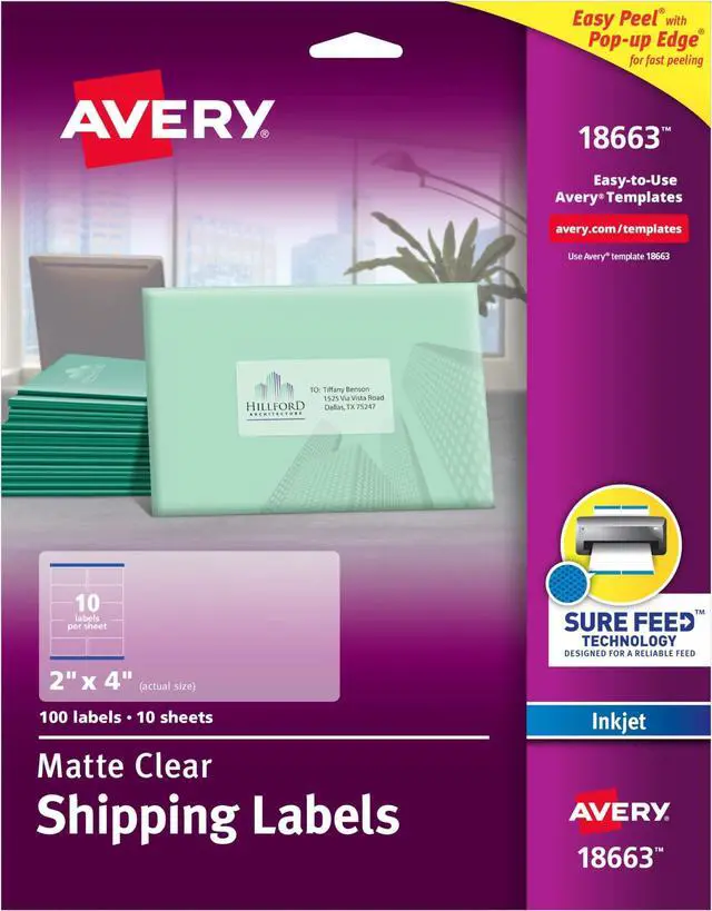Main image of Shipping Labels, 2" x 4", Matte Clear | Printable | With Sure Feed | 100 Labels, Pack of 5