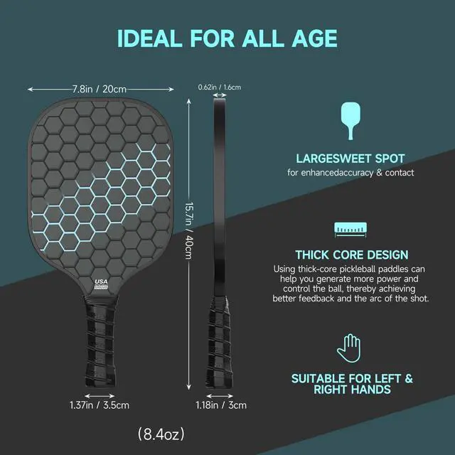 Alt view image 4 of 7 - Pickleball Paddles, USAPA Approved Fiberglass Surface Pickleball Set with Pickleball Rackets,16mm Thick Paddle with Pickleball Bag Large Sweet Spot