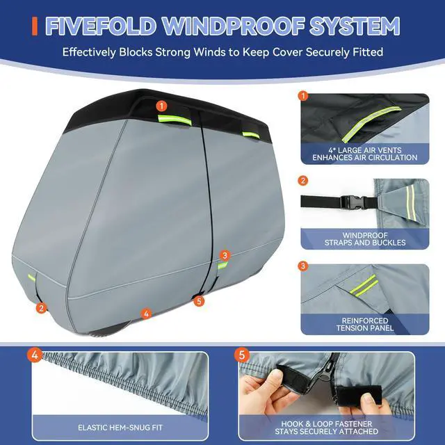 Alt view image 4 of 7 - Ultra Thick 900D+600D Golf Cart Cover 2/4/6 Passenger 100% Waterproof Universal Fit for Yamaha, Club Car, EZGO with Large Storage & Toss Bag for All Weather Protection